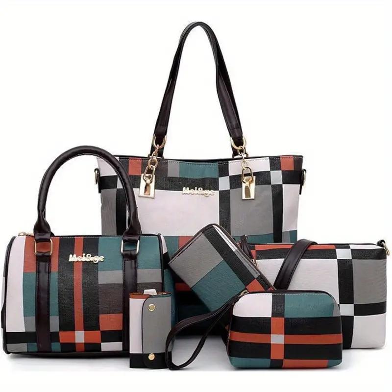 Наборы женских сумок из 6 предметов, сумки-тоут с клетчатым узором, сумка через плечо, сумка через плечо, кошелек