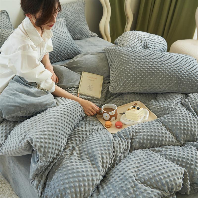 Solid Color Bean Velvet Four Piece Set, Thickened Warm Milk Velvet Bed Sheet, Quilt Cover, Flannel Bed