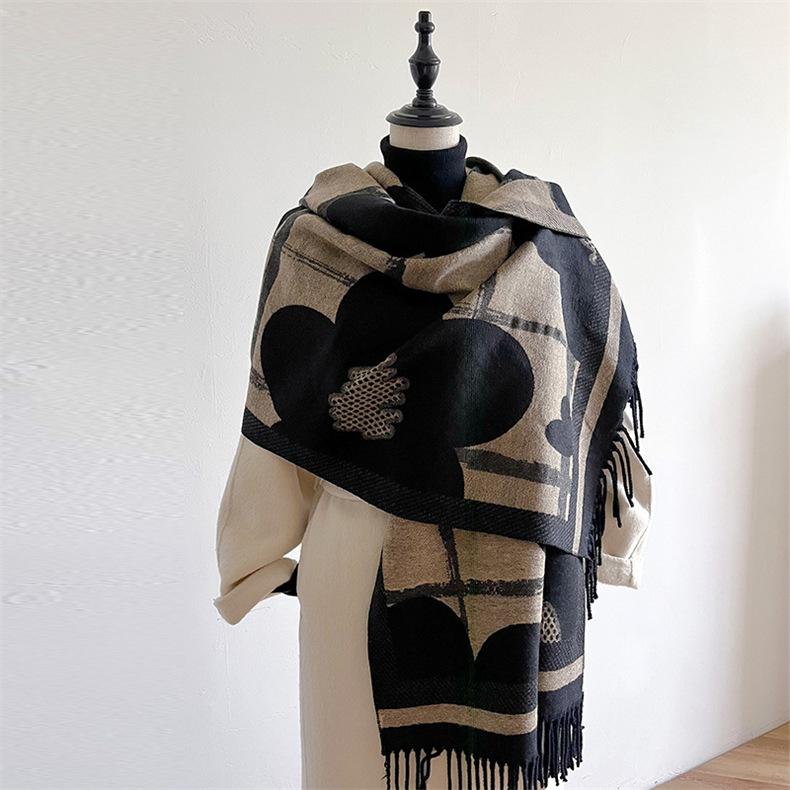 2024 Autumn/Winter New Color Blocked Imitation Cashmere Women'S Tassel Shawl Thickened Warm Double Sided Jacquard Wool Scarf