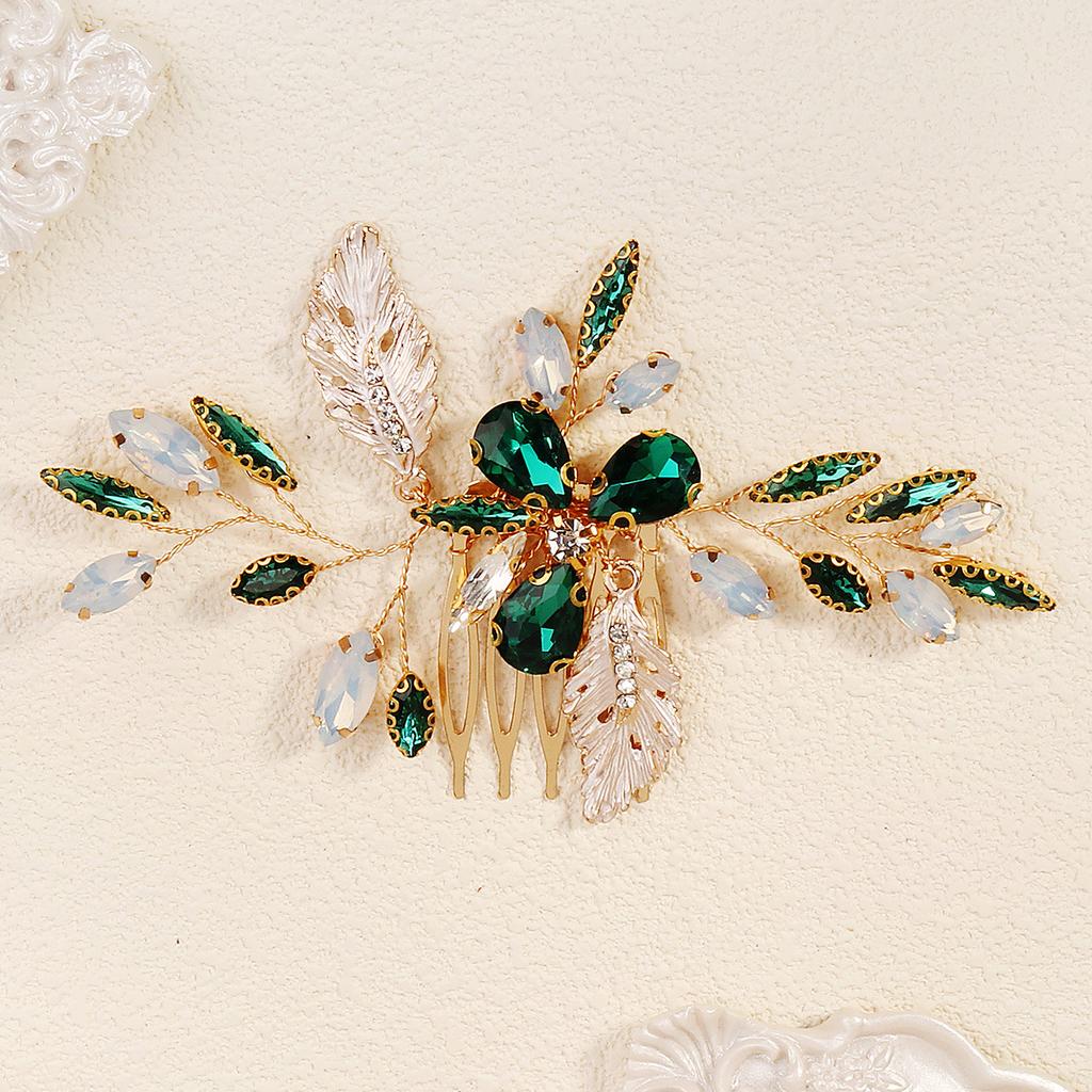 Ретро Сплав Стразы Заглушка Гребень Ручной Работы Лист Зеленый Кристалл Головной Убор Антикварные Украшения Ханфу Свадебный Гребень для Волос