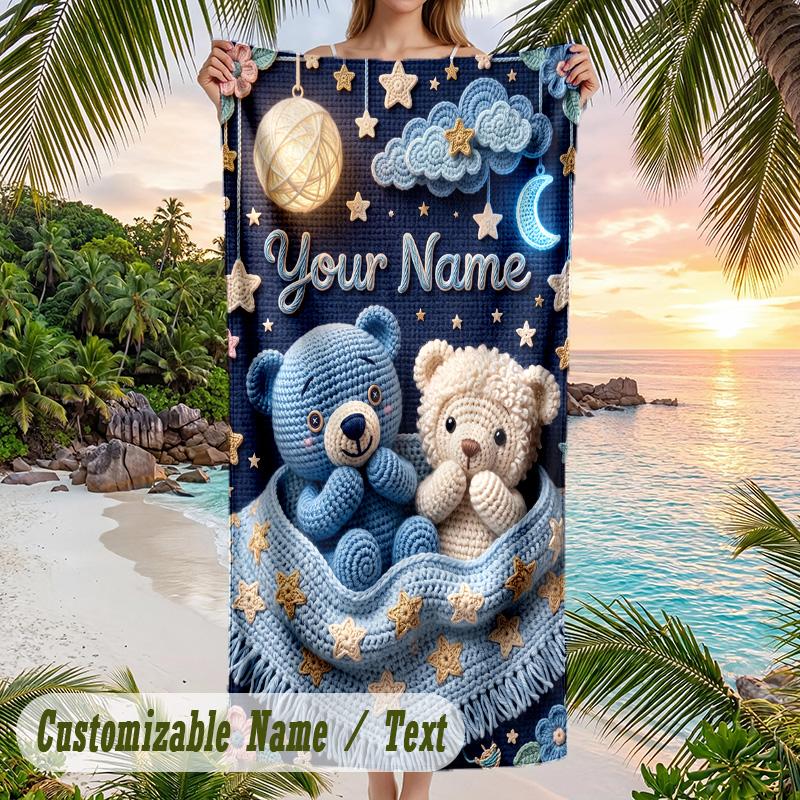 Teddy Bear Theme Beach Towel Personalized Custom Name & Text Soft Quick Dry Beach Towel for Swimming Travel