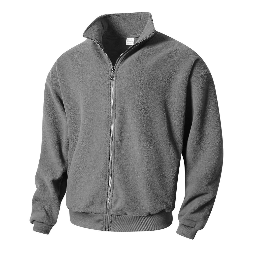 Men's Solid-color Casual Fleece Fleece Hoodie, Men's Sports Long-sleeved Zipper Cardigan Stand-up Collar Jacket