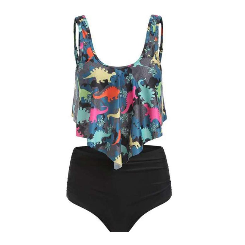 Бикини с рюшами и принтом закрывает живот и демонстрирует тонкий разделенный купальник для женщин