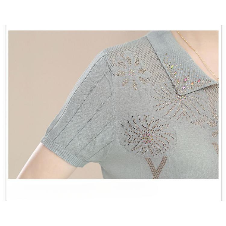 Mom's Summer Short Sleeved Stylish Ice Silk T-shirt Middle-aged and Elderly Lapel Top Slimming Knit T-shirt