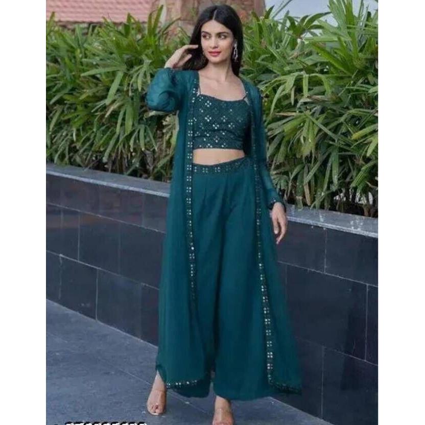 Women Georgette Ethnic Top Palazzo Ethnic Jacket Set Indian Pakistani Party Wear VF-20161a