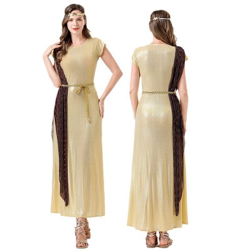 Womens Halloween Costume Roman Goddess Greek Mythology Dress White Gown With Yellow Shawl Cosplay Outfit