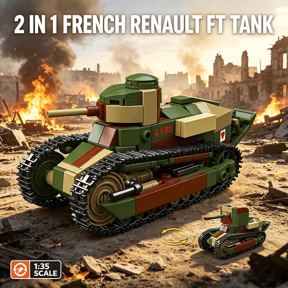 2-в-1 Военный Renault FT времен Второй мировой войны Французский легкий танк Строительные блоки Первая мировая война Армейский пулемет Противотанковые кубики Игрушка в подарок