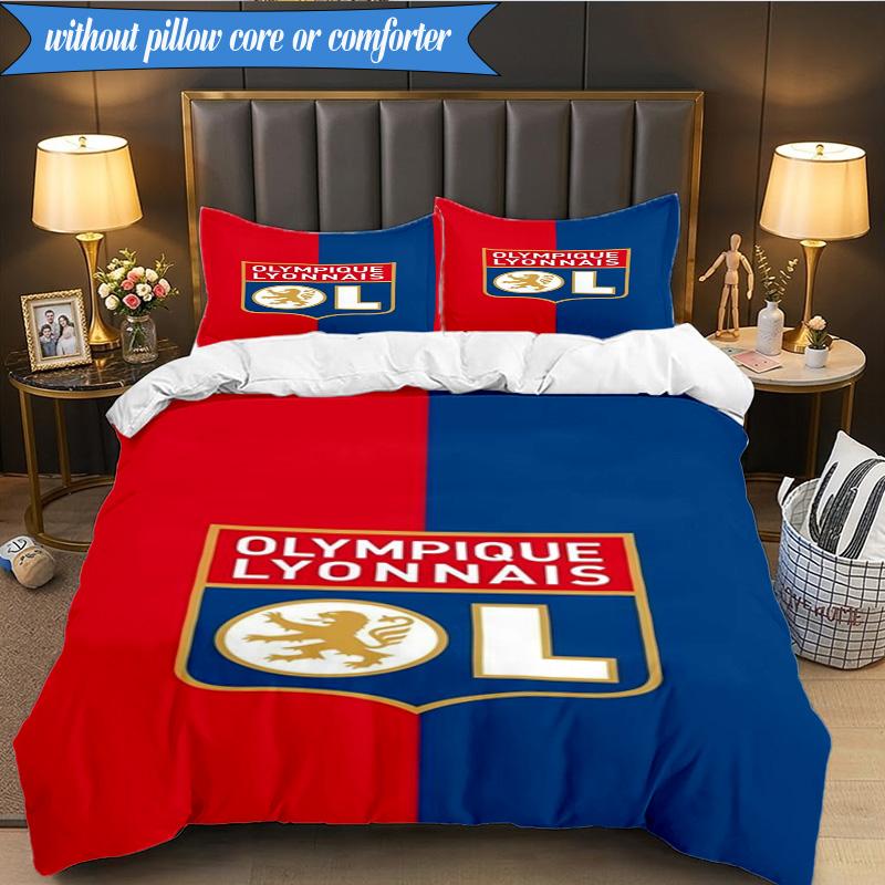 3PCS Olympique Football Crest Printed Soft Bedding Set,Including 1pc Duvet Cover And 2pcs Pillowcases Perfect for Bedroom, Dormitory, Fan gift