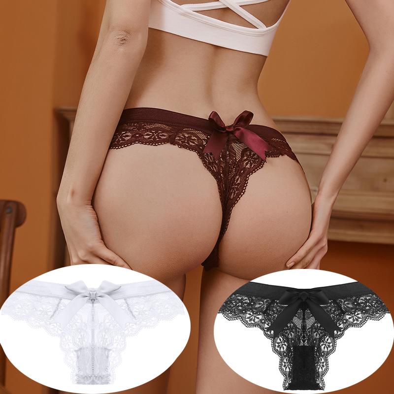 2 шт. женские сексуальные кружевные стринги с бантом и низкой талией, вышитые трусики, эластичное хлопковое нижнее белье