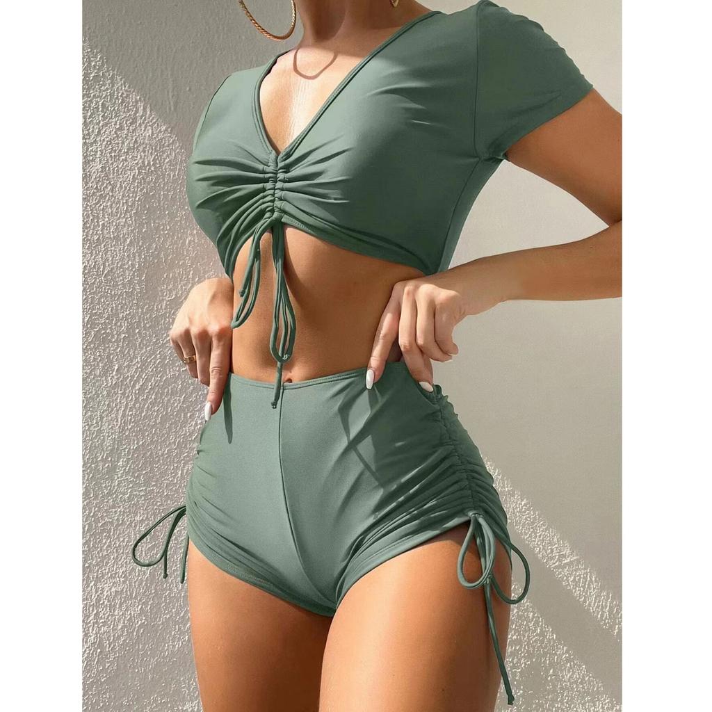 Women's Sexy Split High Waisted Short Sleeved Swimsuit Two-Piece Swimsuit Set