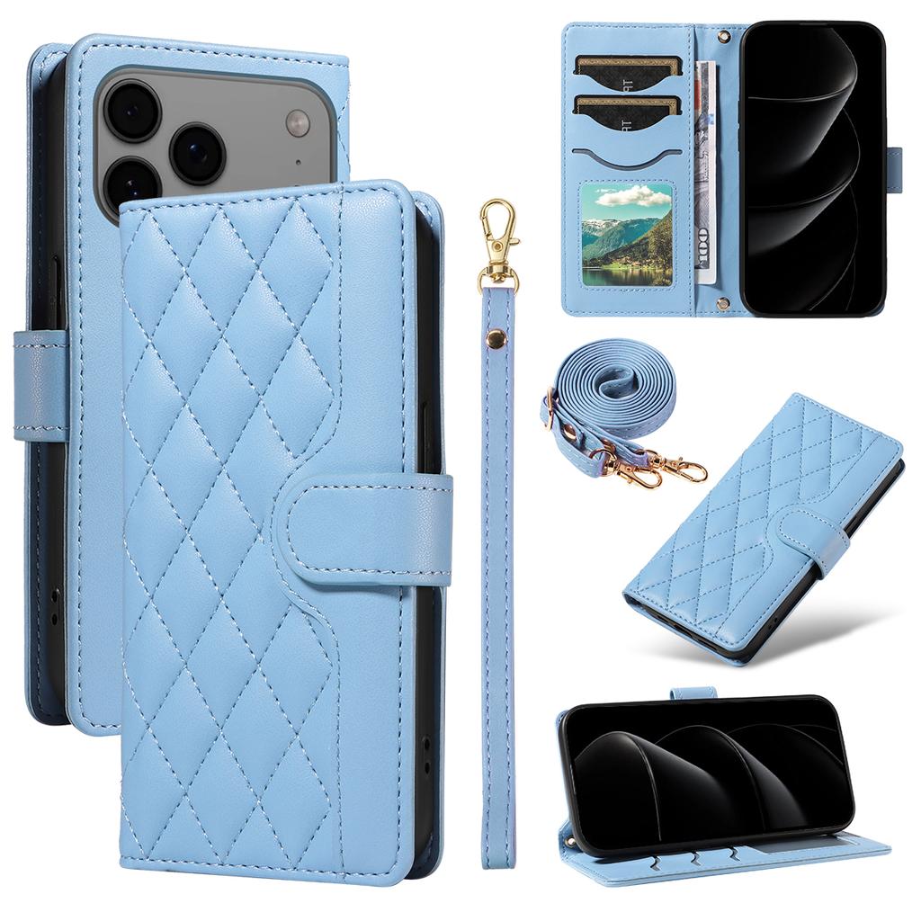 For iPhone 17 Pro Max Wallet Case Rhombus Leather Phone Cover with Strap