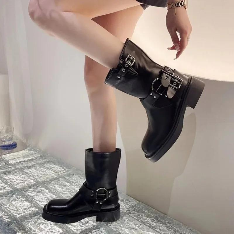 Женские ботильоны осенняя рабочая мода элегантный панк новый черный цвет роскошный низкий каблук круглый носок кожа дропшиппинг центр обуви