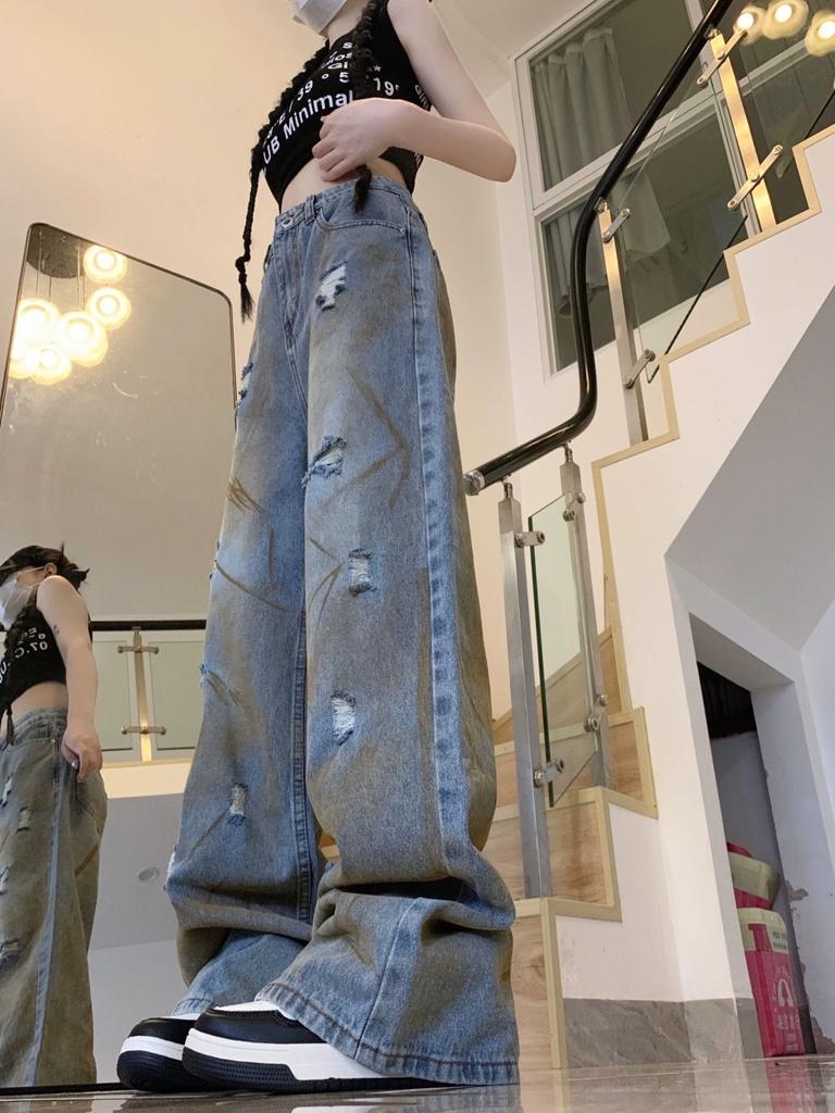 Американский стиль ретро джинсы Wasteland с высокой талией женские свободные повседневные прямые брюки уличная одежда эстетичный дизайн Ins длинные брюки