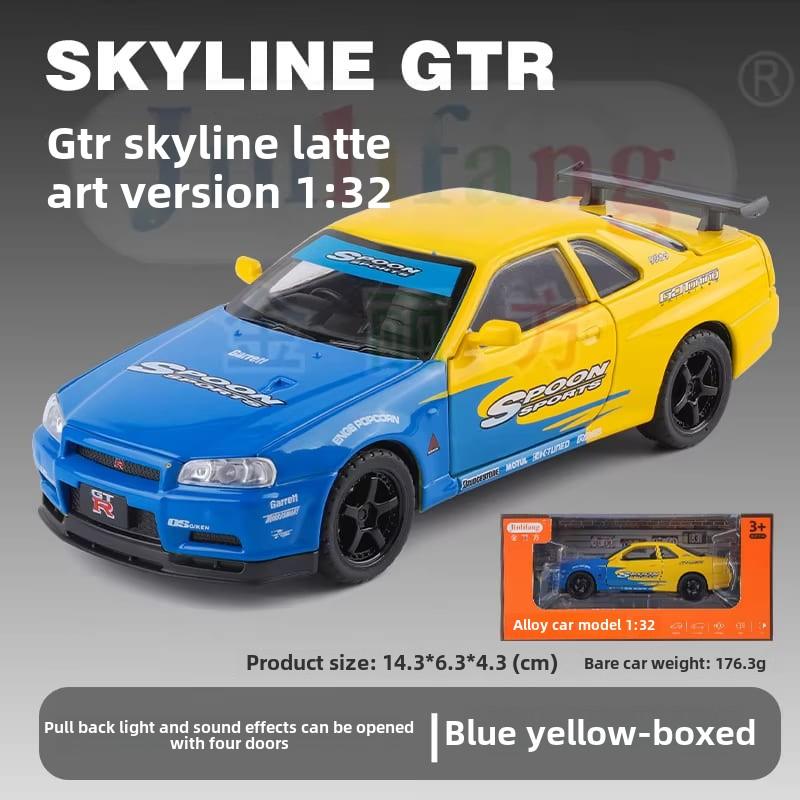 New 1:32 GTR R34 Low Lying Sports Car Alloy Die-cast Toy Car Metal Toy Car Model Sound and Light Pull Back Collection Children's Toy Gift