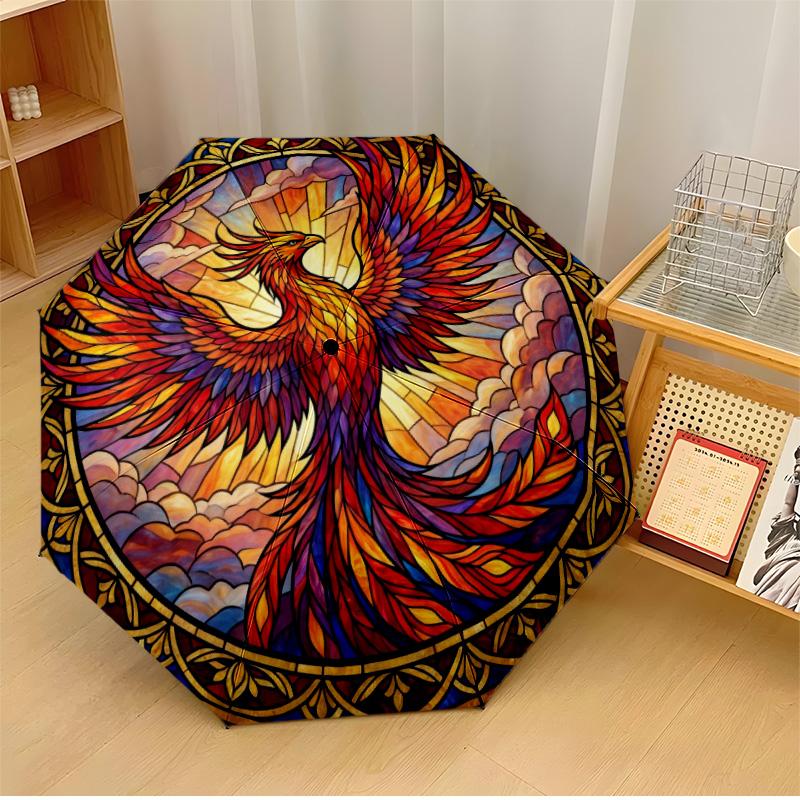 Phoenix Stained Glass (6) Printed umbrella windproof folding umbrella portable sun and rain umbrella suitable for gifting