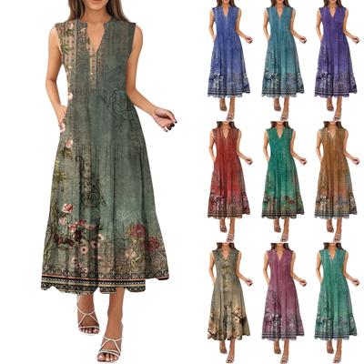 Женские модные летние платья без рукавов с V-образным вырезом и винтажным цветочным принтом в складку