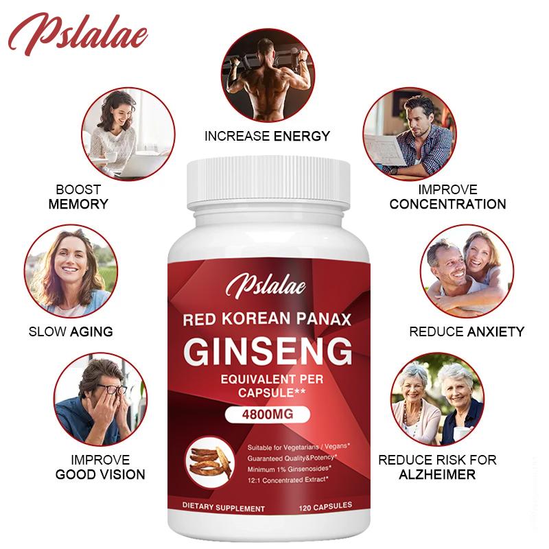 Pslalae RED KOREAN PANAX GINSENG, 120 Vegan Capsules, Muscle Building, Focus and Mood Support, 1% Ginsenosides