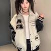 PU Leather Embroidered Retro Baseball Jacket - Women's Spring/Autumn Stand-Up Collar Flight Coat