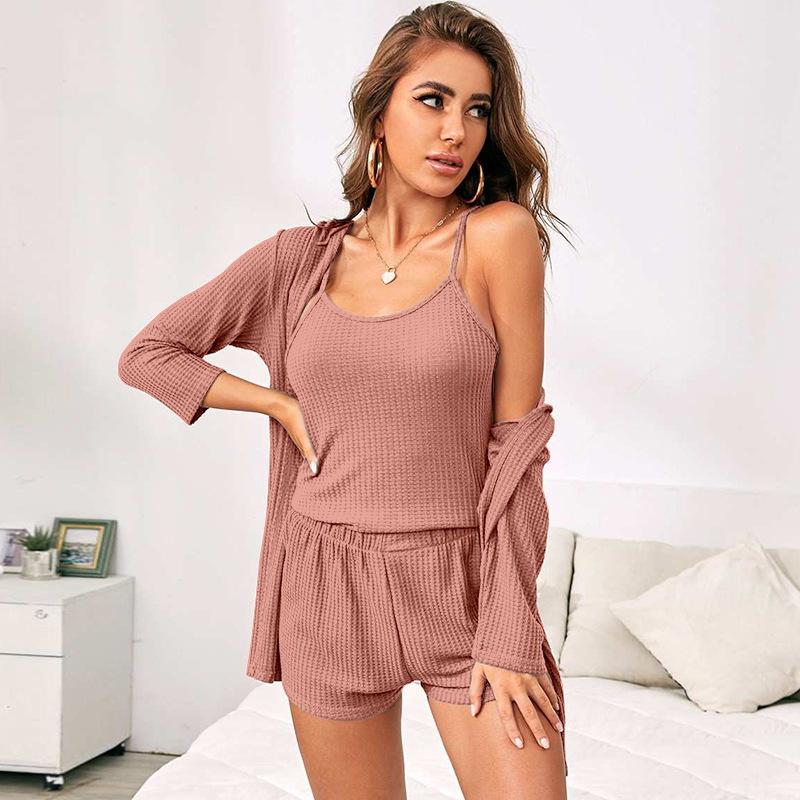 Женский трех peças Домашний костюм Пижама Женские бретели Шорты Халат Халат Комплект для отдыха Пижама Домашний комплект