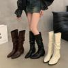 Winter Pleated Women Knee High Boots Fashion Slip On Modern Long Booties Casaul Square Low Heels Shoes
