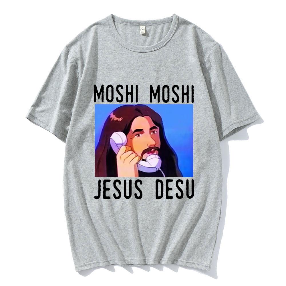 Nicolas Cage Moshi Moshi Jesus Desu T-Shirt Men Funny Meme Picolas Cage Awesome T-shirts Polyester Short Sleeve T Shirt Clothing