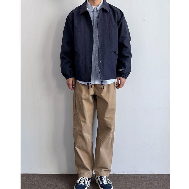 Мужская японская ретро куртка-коуч свободного кроя - отложной воротник, универсальный однотонный цвет, простая рабочая одежда для весны/осени, модный стиль униформы.