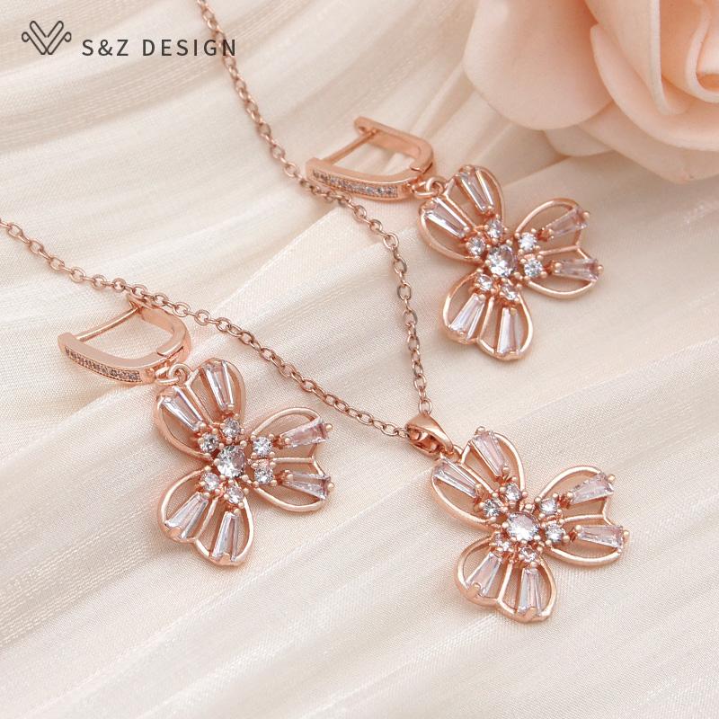 Модные серьги-капли с кубическим цирконием и тремя лепестками орхидеи для женщин, розовое золото, ювелирные изделия для свадебной вечеринки