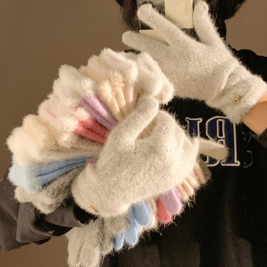 Мягкие Восковые Кроличьи Меховые Серые Вязаные Шерстяные Пятипалые Утепленные Теплые Перчатки для Женской Зимней Велосипедной Езды Холодо- и Ветрозащитные Пушистые