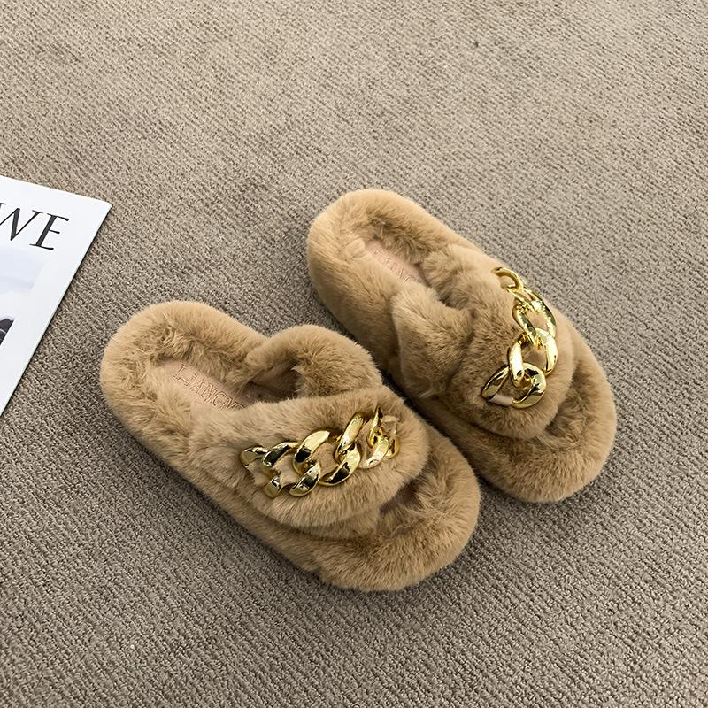 Popular Mao Mao Slippers Women's Outer Wear Chain Thick Bottom Increases Height Spring and Summer Fashion Going Out Plush Cross Autumn and Winter