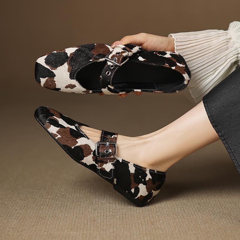 Мода 2025 Новые Весенние Женские Балетки Квадратный Носок Низкий Каблук Обувь Конский Волос Женская Обувь Лаконичные Леопардовые Мэри Джейн Корова Леопардовый Принт Обувь
