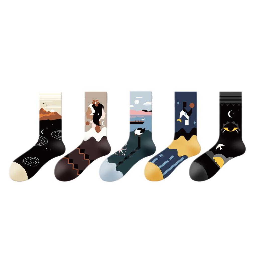 Мужские носки с ручной росписью с пейзажем - Модные, Дышащие, Влагоотводящие, Хлопковые до середины икры для весны/осени