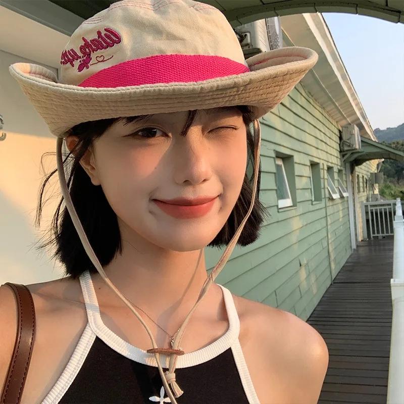 Ковбойская шляпа, альпинистская шляпа, женская летняя корейская версия, большие поля, солнцезащитная, кемпинговая, рыболовная шляпа с завязками