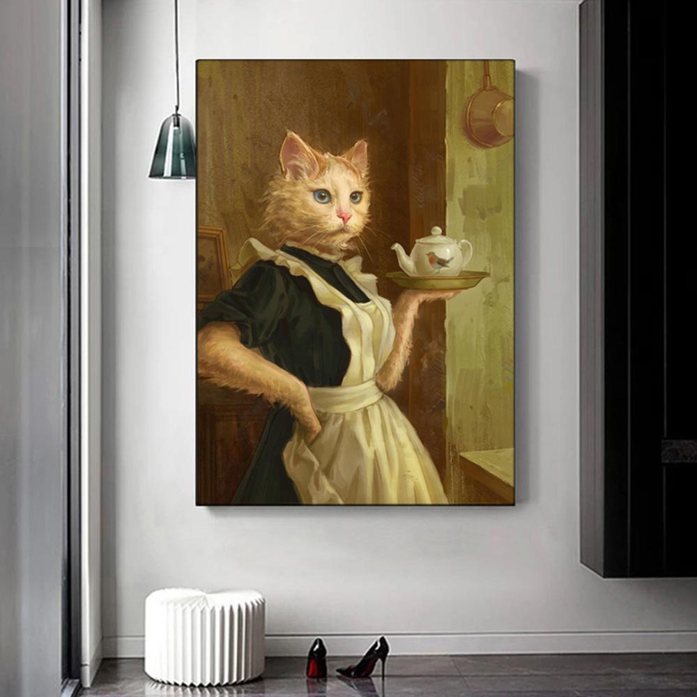 Pussy Maid Cat персонифицированные постеры, настенные художественные принты на холсте, ретро забавные картины с животными для гостиной, домашний декор, фотографии
