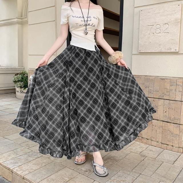 Long Vintage Check Plaid Chiffon Skirt With Asymmetric Hem For Summer Casual Women