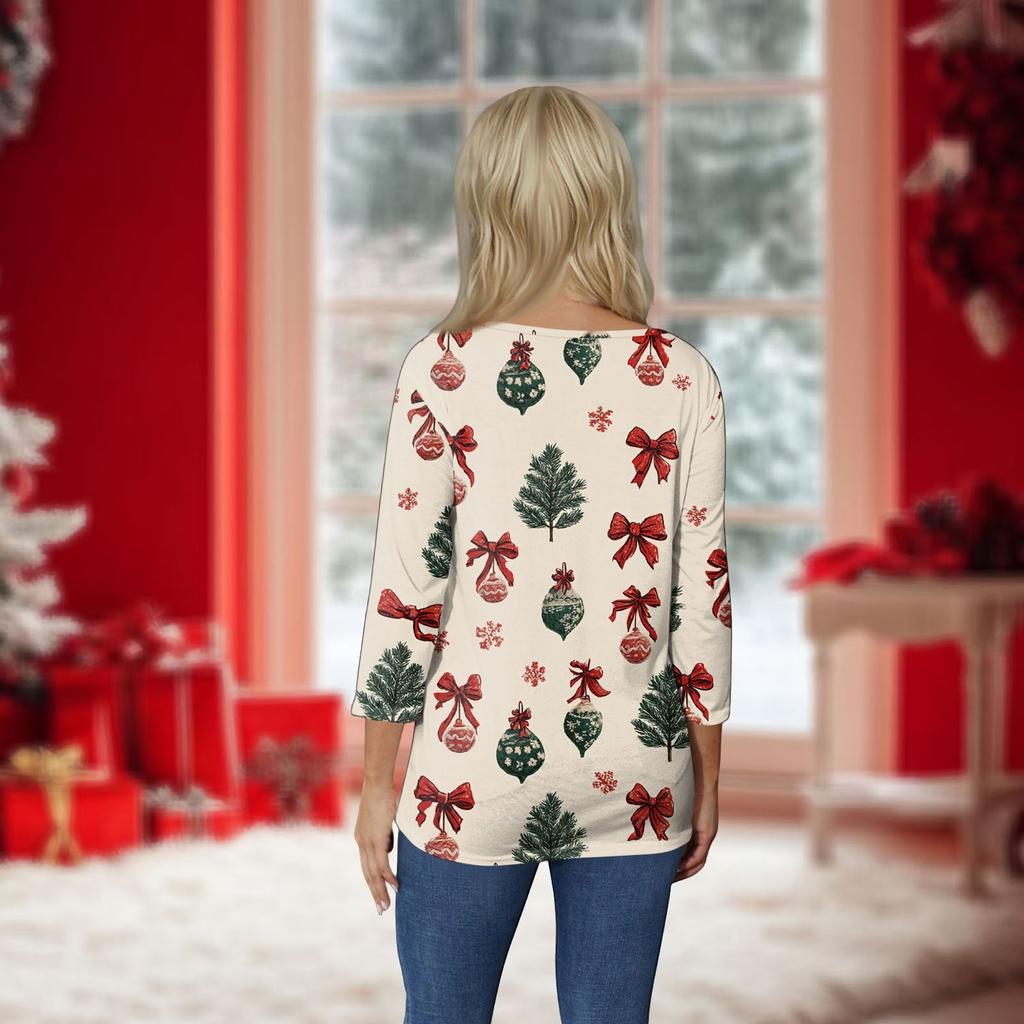 Женский топ с круглым вырезом и рукавом 3/4 с рождественским принтом