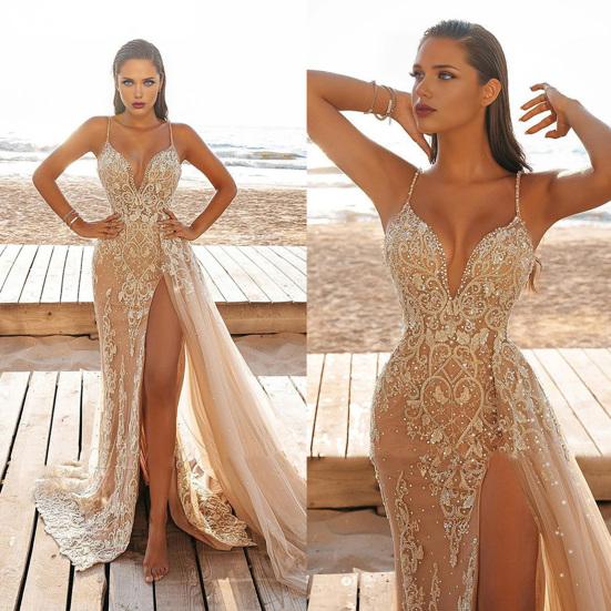 Женское сексуальное блестящее платье макси русалки без рукавов с глубоким V-образным вырезом, облегающее платье с высоким разрезом, формальное вечернее платье с цветочным кружевом