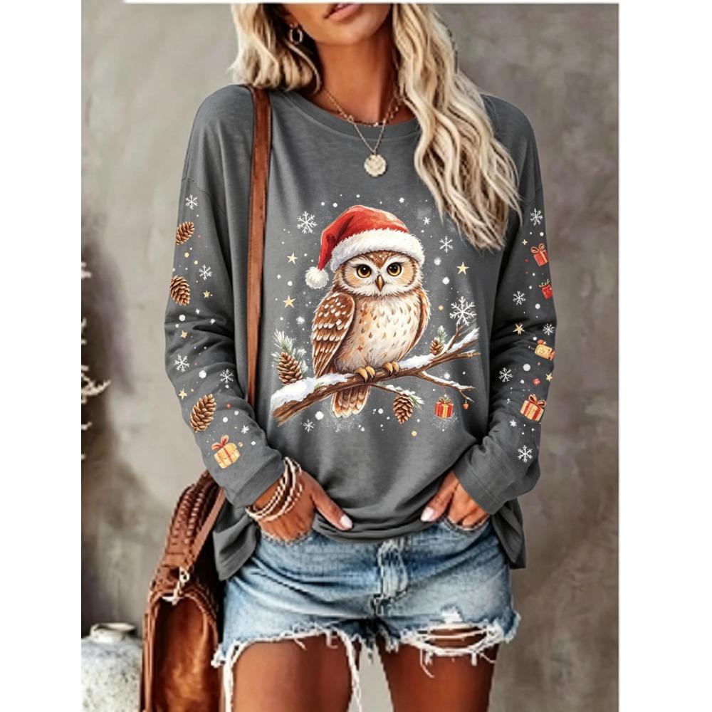 Women Long Sleeve T Shirt Christmas Spotted Deer Santa Hat Snow