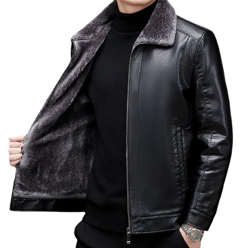 Повседневная мужская кожаная куртка с меховым покрытием для людей среднего и пожилого возраста, флисовая утолщенная овчинная куртка, зимняя