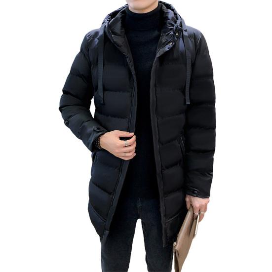 Men Cotton Coat Hooded Long Sleeve Full Zipper Closure Solid Color Jacket with Pockets Mid-length Thickened Quilted Outwear