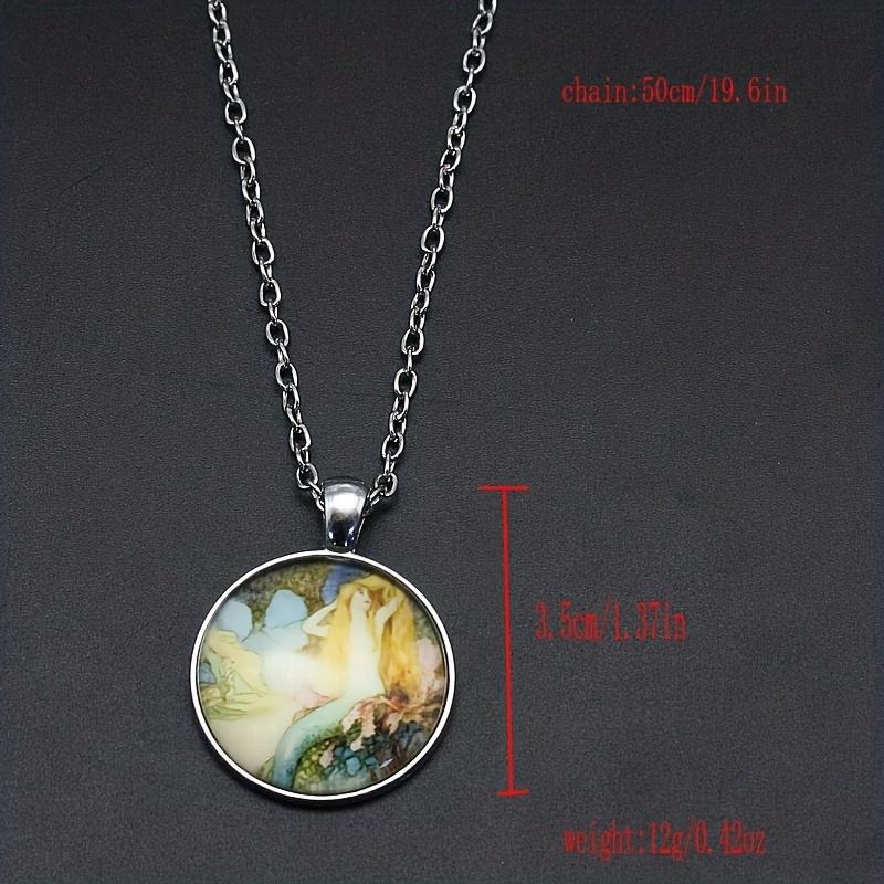 Retro Mermaid Convex Round Pendant Necklace Women's Personality Neck Jewelry Gift