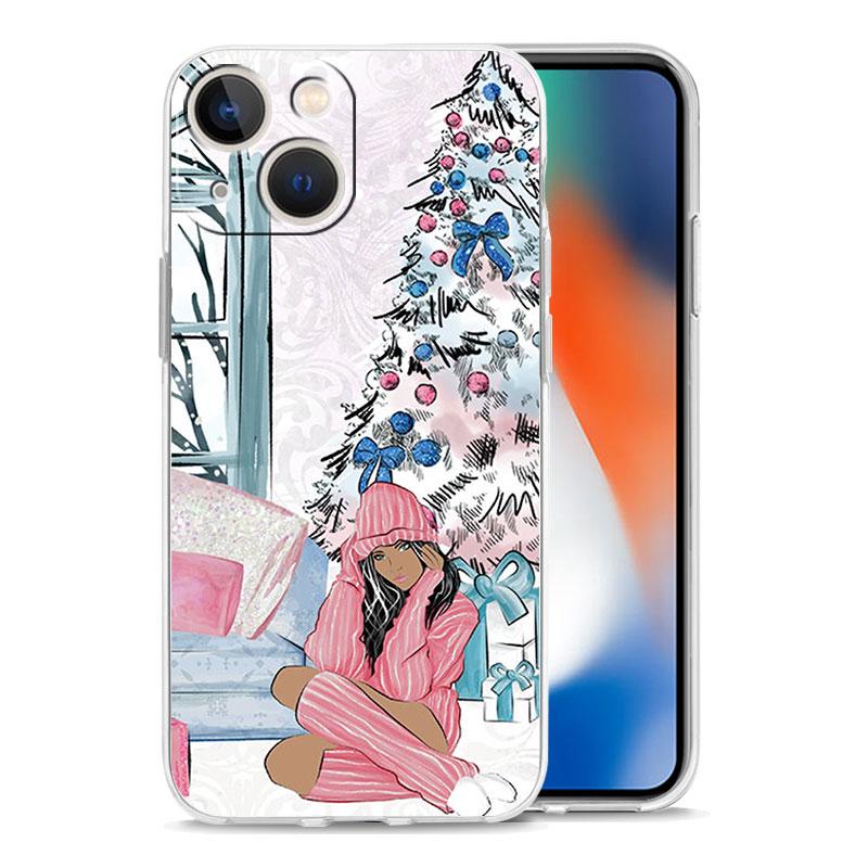 Christmas Art Girls Coffee Transparent Phone Case For iPhone 15 14 13 12 11 Pro Max XS X XR SE 7 8 Plus TPU Lens Protect Cover