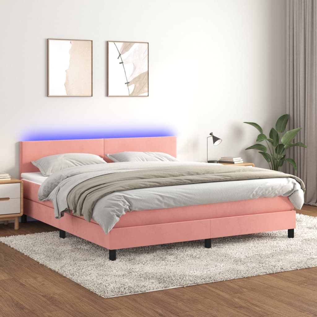 Vidaxl Łóżko Kontynentalne Z Materacem I Led, Różowy Aksamit 180X200Cm