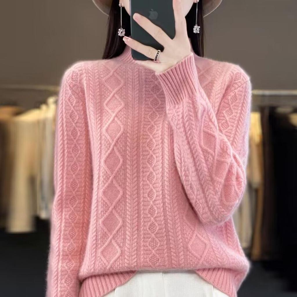 Women Half-high Neck Sweater 2025 Spring Winter New Thickened Foreign Fashion Loose Twisted Flowers Long-sleeved Knitted Bottoming Tops