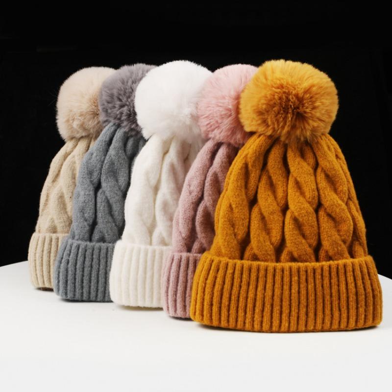 Winter Autumn Thick Warm Knit Hat Pom Pom Twist Earmuff Casual Beanie