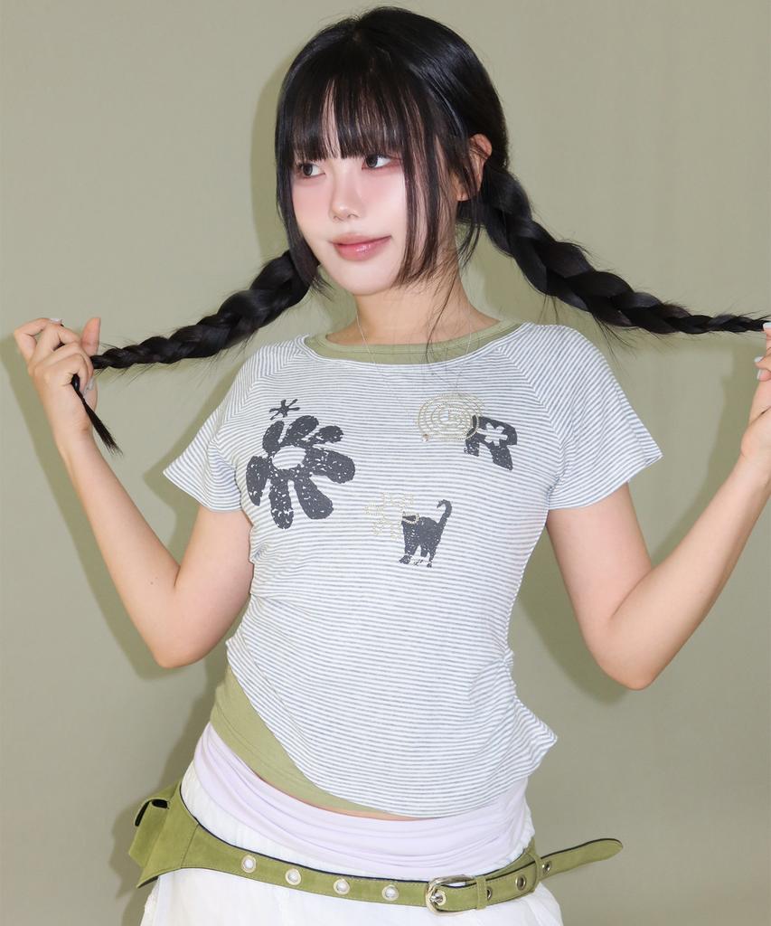 LMR Motif Embroidered Striped Layered T-Shirt Green