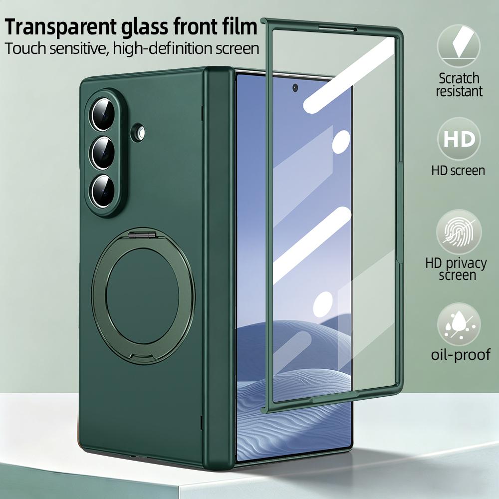 VIETAO Anti-Fingerprint Full Cover Magnetic Phone Case for Galaxy Z Fold 8 7/6/5 with 360° Rotatable Holder, Built-In Glass Film