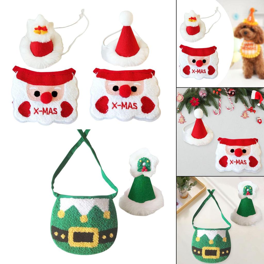 Holiday Pet Bandana Scarf with Knitted Christmas Bib and Santa Hat Polyester Accessory for Puppy Dog Xmas Photo Props