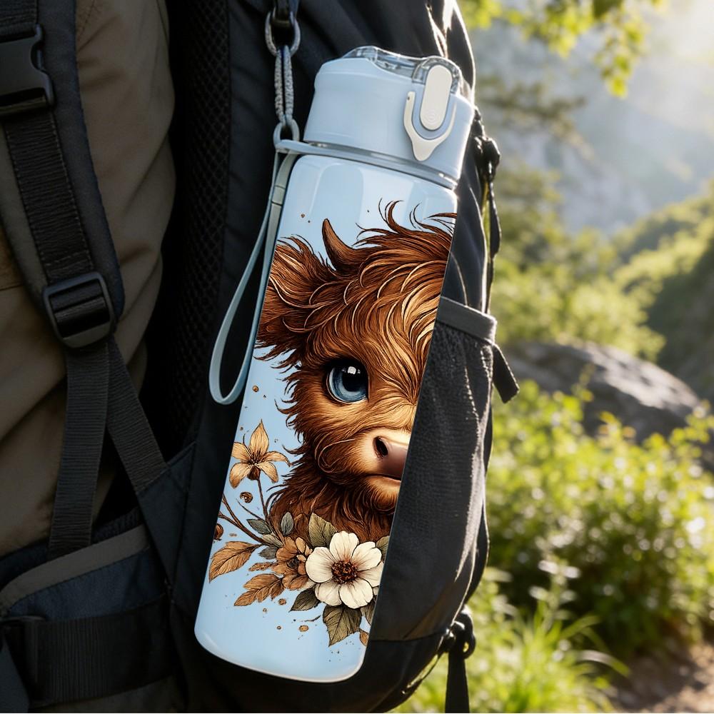 1PC Baby Highland Cow Flower Print 750ml Color Plastic Sports Water Bottle Leakproof Flip Straw Lid Suitable for Sports Office Home Use
