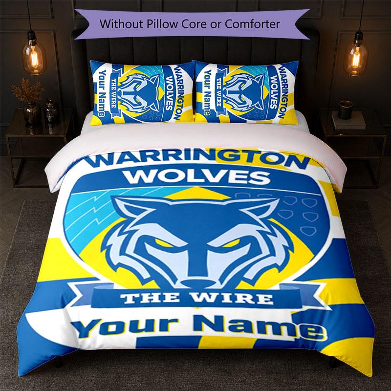 Warrington Wolves FC Custom Name Text Bedding Set 1 Duvet Cover+2 Pillowcases Soccer Logo Personalized Gift For Special Occasion Bedroom Decor