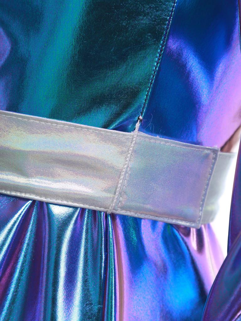 Женский костюм инопланетного робота на Хэллоуин, металлизированное блестящее платье А-силуэта с длинным рукавом и передней молнией, с поясом